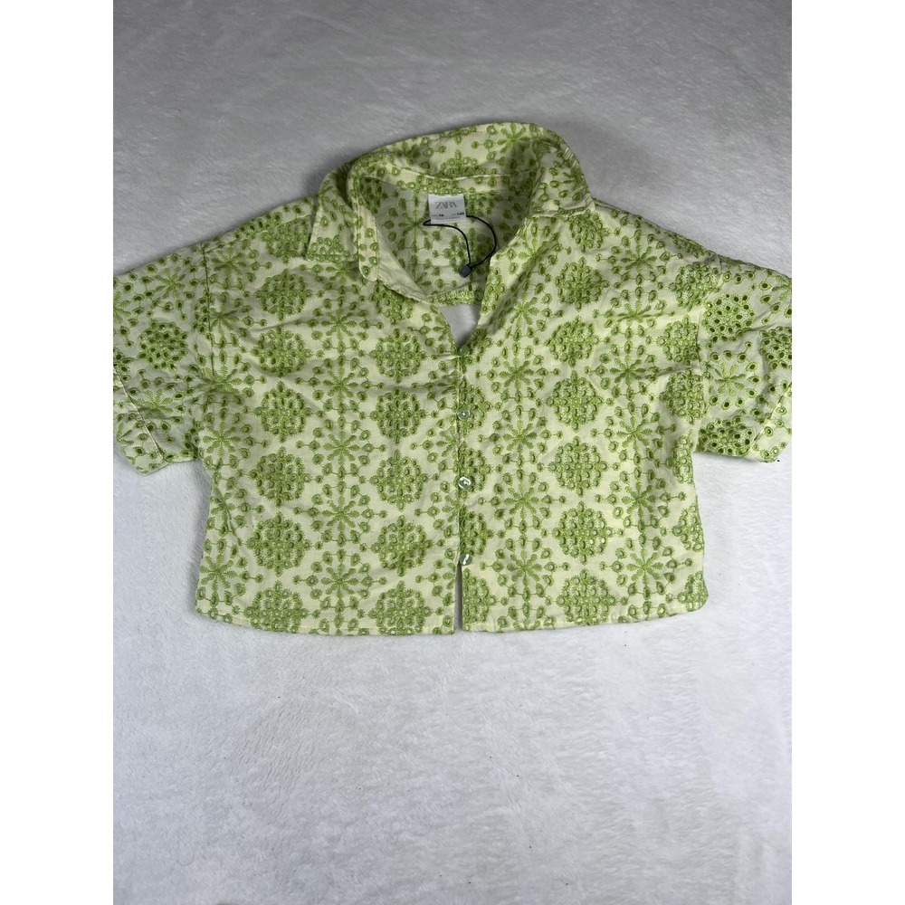 ZARA Shirt Girls 10 Green Embroidered Floral Cropped Backless Button Front